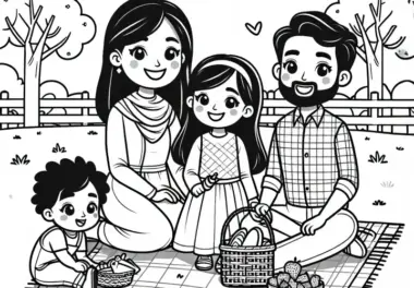 Familie beim Picknick im Park: Kindertag Ausmalbild (Kostenlos)