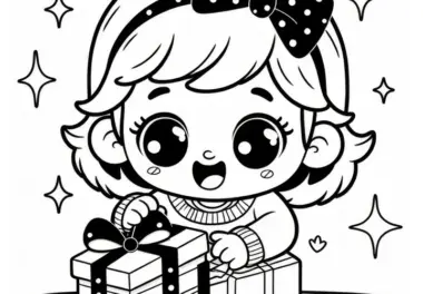 Kind packt Geschenk aus: Ausmalbild zum Kindertag (Gratis)
