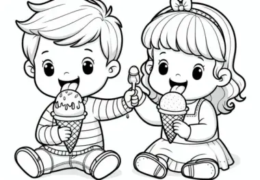 Kinder essen Eis am Kindertag: Einfaches Ausmalbild (Kostenlos)