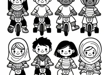 Kinder fahren mit kleinen Fahrrädern am Kindertag: Einfache Malvorlage (Gratis)