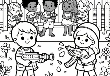 Kinder spielen mit Wasserpistolen im Garten am Kindertag: Gratis Malvorlage