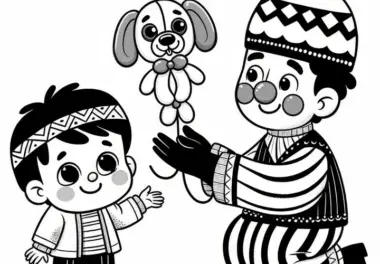 Kind bekommt am Kindertag vom Clown ein Luftballontier geschenkt: Gratis Malvorlage