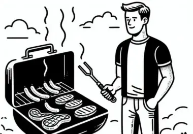 Mann am Grill mit Grillzange am Männertag: Gratis Malvorlage zum Download