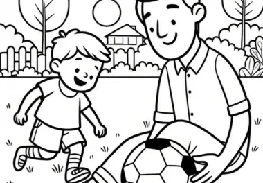 Vater spielt Fußball mit Sohn im Garten: Malvorlage (Gratis)