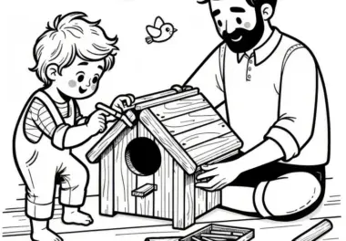 Vater und Kind beim Bau eines Vogelhauses als Ausmalbild (Kostenlos)