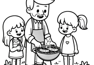 Vater grillt mit Kindern zum Vatertag: Kostenlose Malvorlage