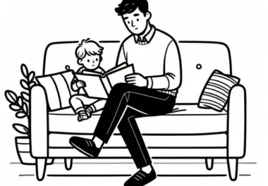 Vater liest Kind am Vatertag auf dem Sofa eine Geschichte vor: Einfaches Ausmalbild (Kostenlos)
