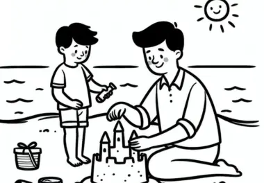 Vater und Kind bauen Sandburg am Strand: Kostenlose Malvorlage zum Vatertag