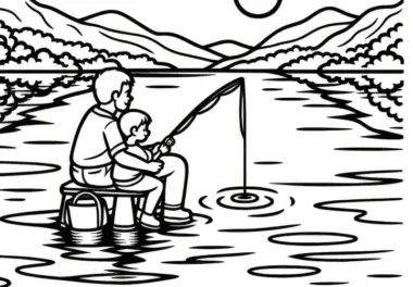 Vater und Kind angeln am stillen See zum Vatertag: Gratis Malvorlage