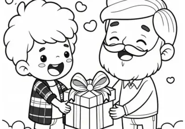 Kind überreicht Vater ein Geschenk am Vatertag: Kostenlose Malvorlage
