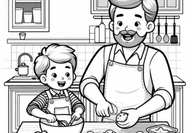 Vater und Kind backen Kekse: Ausmalbild zum Vatertag (Gratis)