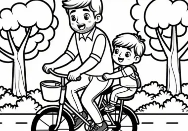 Vater und Kind fahren am Vatertag mit Fahrrad durch Park: Gratis Ausmalbild