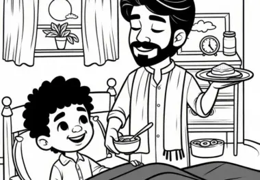 Vater und Kind frühstücken zusammen am Bett zum Vatertag: Ausmalbild zum Herunterladen (Gratis)