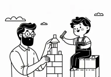 Vater und Kind spielen mit Bauklötzen und bauen Turm: Malvorlage zum Vatertag (Gratis)