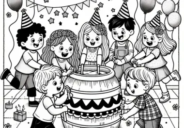 Gruppe von Kindern bei einer Geburtstagsparty: Kostenloses Ausmalbild