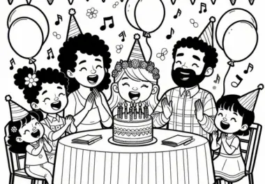 Familie am Tisch singt Geburtstagslied: Ausmalbild zum Download (Kostenlos)