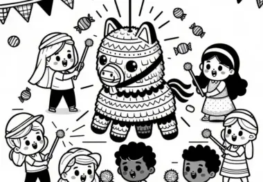 Fröhliche Kinder schlagen Piñata: Ausmalbild zum Geburtstag (Kostenlos)