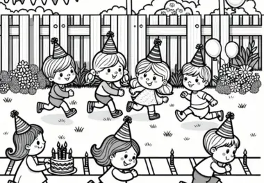 Kinder spielen im Garten: Geburtstag Malvorlage (Gratis)