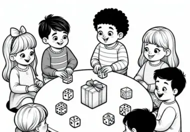 Kinder würfeln um ein Geschenk: Ausmalbild zum Geburtstag (Kostenlos)