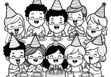Kinder mit lustigen Bärten essen Kuchen zum Geburtstag: Gratis Ausmalbild