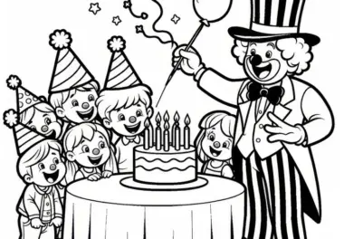 Clown unterhält Geburtstagsgruppe mit Tricks: Kostenlose Malvorlage