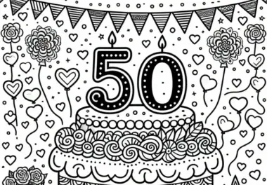 Festlich geschmückte Torte zum 50. Jubiläum: Kostenloses Ausmalbild