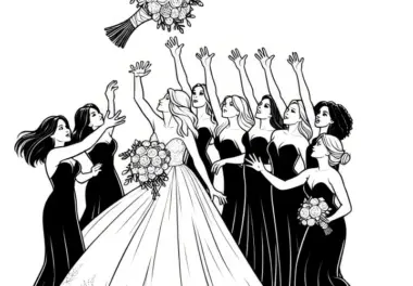 Braut wirft Brautstrauß: kostenlose Malvorlage Hochzeit