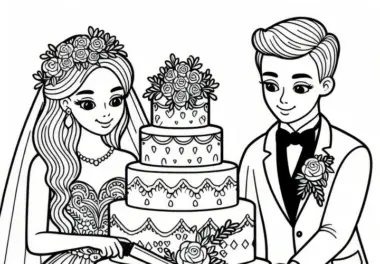 Hochzeitspaar schneidet Hochzeitstorte an (Ausmalbild)