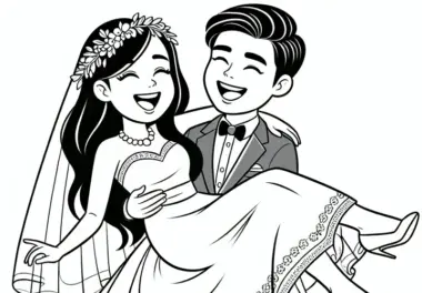 Bräutigam hebt Braut hoch: Ausmalbild Hochzeit