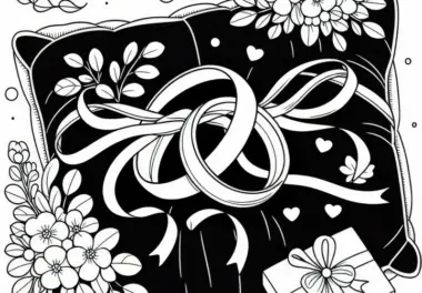 Eheringe auf Kissen mit Blumen & Schleifen: Malvorlage
