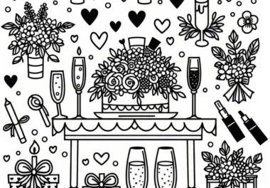 Hochzeitstisch mit Sektgläsern, Blumen & Deko: einfache Malvorlage