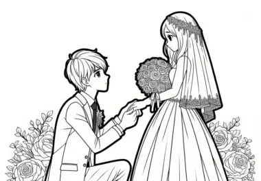 Bräutigam kniet vor Braut: Ausmalbild Hochzeit (kostenlos)