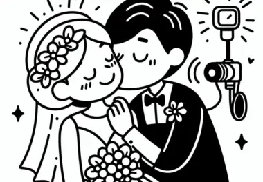 Bräutigam küsst Braut: einfaches Ausmalbild Hochzeit