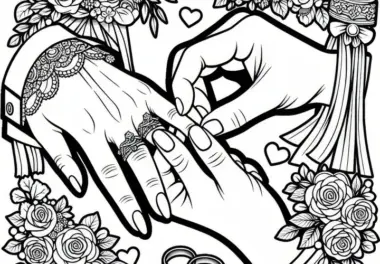 Paar steckt sich Eheringe an Finger: Ausmalbild zur Hochzeit