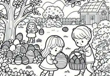 Kinder suchen Ostereier im Garten: Malvorlage für April (Gratis)