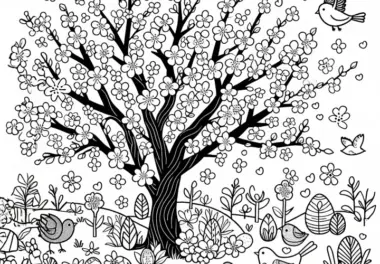 Frühlingsbaum mit Blüten und kleinen Vögeln im April: Kostenloses Ausmalbild