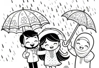 Regen im April mit Menschen unter Regenschirmen: Ausmalbild zum Download (Kostenlos)