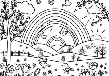 Regenbogen mit einer blühenden Frühlingslandschaft im April: Kostenloses Ausmalbild