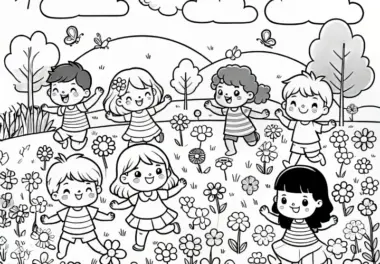 Wiese voller Blumen mit spielenden Kindern im April: Gratis Ausmalbild