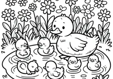 Enten-Küken in einem Teich im April: Ausmalbild zum Download (Gratis)