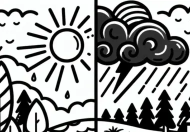 Aprilwetter mit Sonne und Sturm: Ausmalbild zum Download (Gratis)