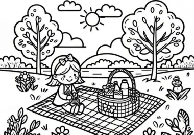 Picknick im Freien mit Decke und Körbchen im April: Malvorlage zum Herunterladen (Kostenlos)