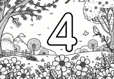 April Ausmalbild mit Zahl 4 in Frühlingslandschaft: Jetzt herunterladen und ausmalen (Gratis)