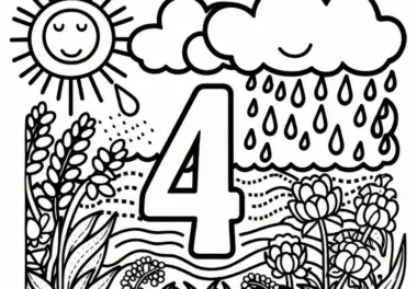 April Ausmalbild mit Zahl 4 mit Sonne und Regen: Malvorlage kostenlos