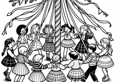 Menschen feiern Maibaumfest im Mai: Ausmalbild zum Download (Gratis)