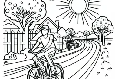 Fahrradfahrer fährt durch sonnige Allee im Mai: Ausmalbild zum Herunterladen (Kostenlos)
