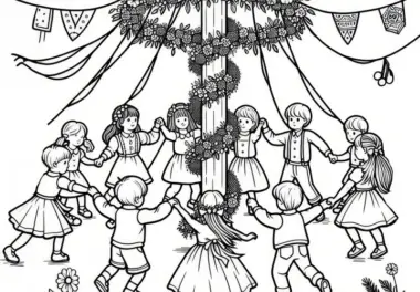 Kinder tanzen mit Blumenkronen um den Maibaum: Kostenloses Ausmalbild
