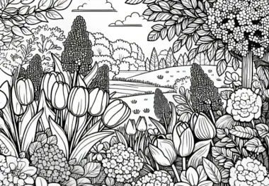 Garten voller Tulpen, Narzissen und Flieder im Mai: Malvorlage zum Download (Gratis)
