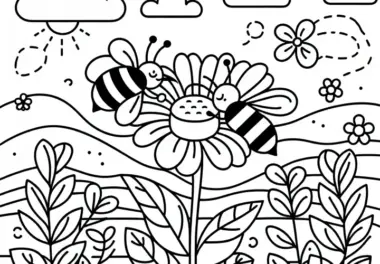 Bienen bestäuben Blume im Mai: Kostenlose Malvorlage