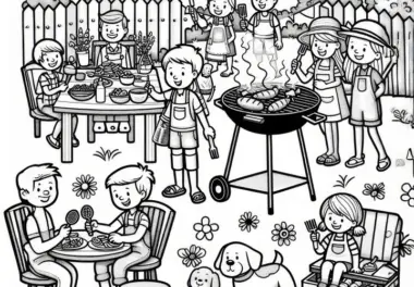Menschen beim Grillfest im Garten im Mai: Ausmalbild zum Download (Gratis)